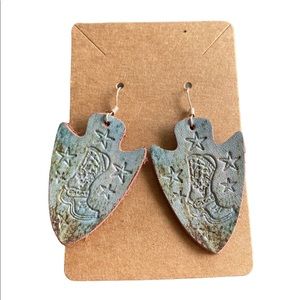Leather Cowboy Boot Stamped Arrowhead Shape Drop Earrings